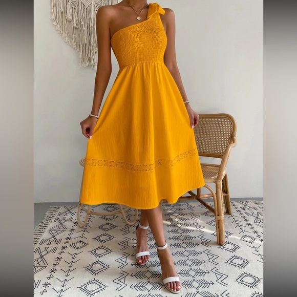 Boho tie one shoulder shoulder shirred lace insert dress - Picture 5 of 16